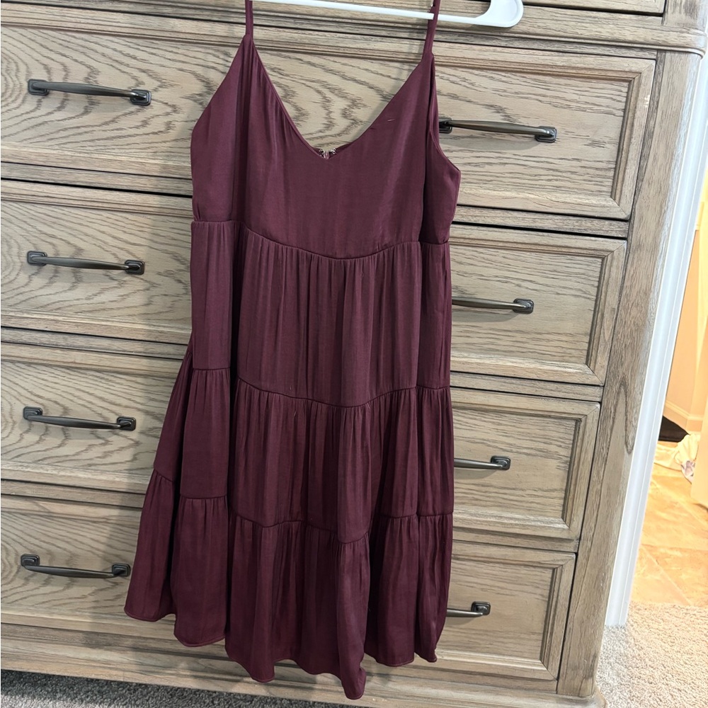 Tiered Burgundy Spaghetti-Strap Mini Dress